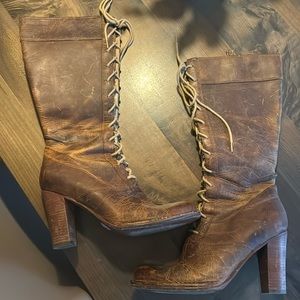 Frye Villager Lace Up Distressed Leather Boot with Side Zip & Heel